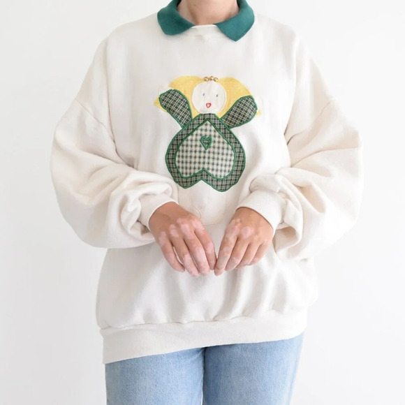 Vintage Jerzees Cream Angel Embroidered Green Collared  Crewneck Sweater 2X - Picture 2 of 11